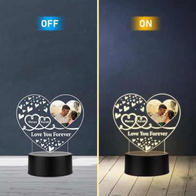 Personalized Heart Photo 3D LED Night Light | Custom Name & Picture Lamp with Love You Forever, Anniversary & Birthday Gift for Husband & Wife, Girlfriend Boyfriend (Warm White Light)